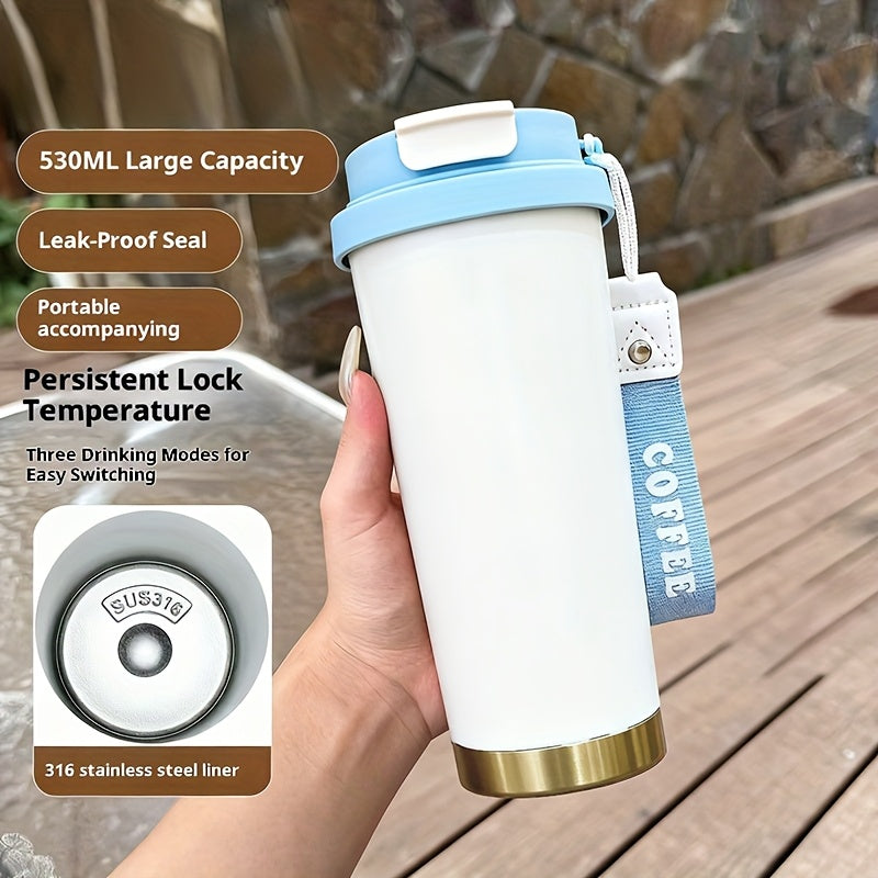 Portable Stainless Steel Coffee Mug, Keeps Hot Or Cold, 18Oz Capacity with And Straw, Suitable for Men And Women As A Handheld Water Bottle, Suitable for Gift Giving, Multifunctional, Durable, Unique