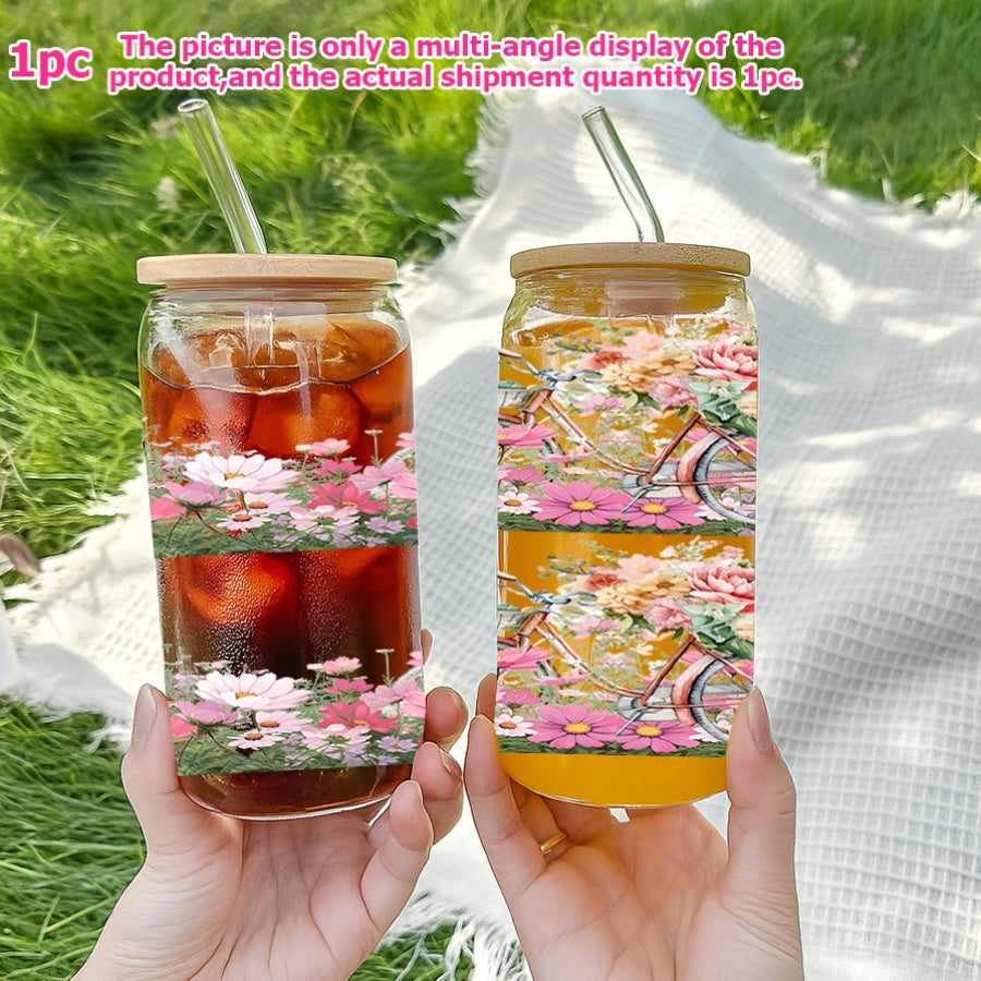 1pc, 16Oz Glass Cup Soda Can with Lid And Glass Straw, UV Printed Floral Design, Bicycle, Pink Pattern, Glass Coffee Cup Juice Drink Jar, Home Kitchen Party Tableware, Christmas Gift Thanksgiving Gift, Holiday Gift New Year Gift