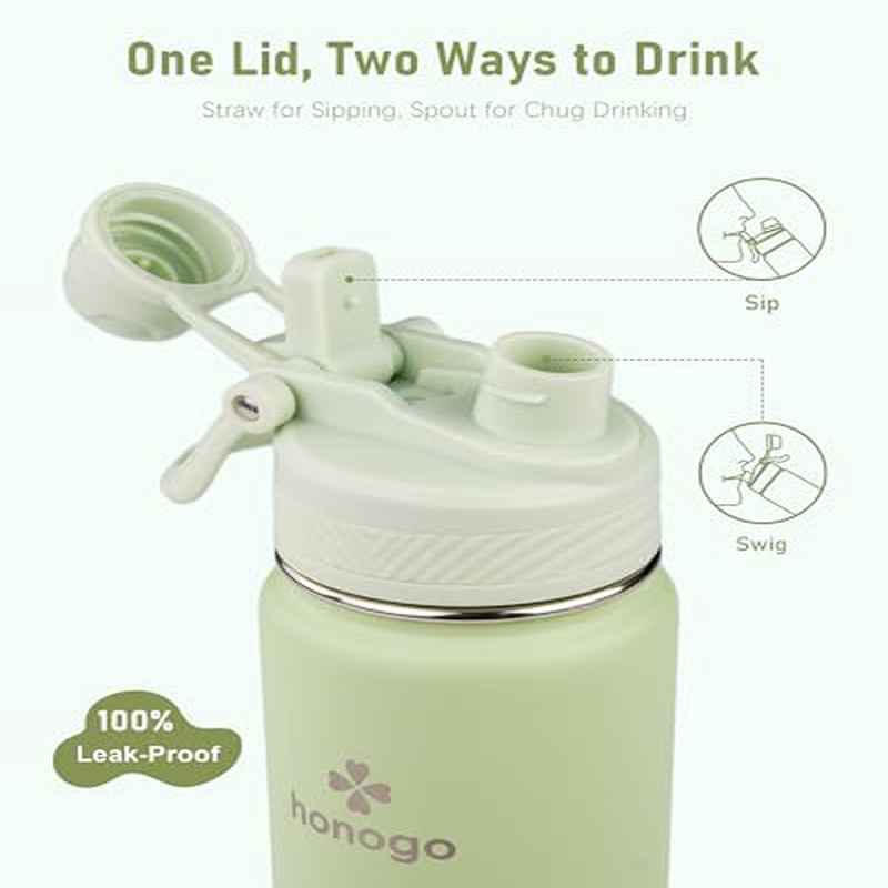 24 oz Insulated Water Bottle | Stainless Steel Tumbler with Shoulder Strap, 2-in-1 Straw Spout Lid, Fashion Flask for Women and, Keeps Cold 24H and Hot 12H, BPA Free, Light Green