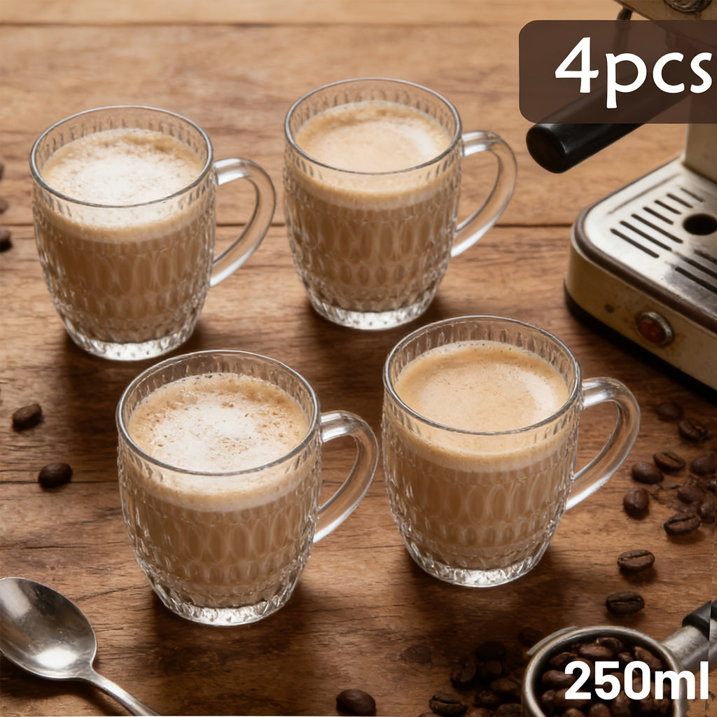 4pcs Aesthetic Textured Glass Coffee Mugs | Heat-Resistant, with Handle | Perfect for Latte, Cappuccino & Hot Chocolate | Reusable, Freezer Safe | Ideal for Home, Office, Daily Use & Couples Gift | Hand Wash Only