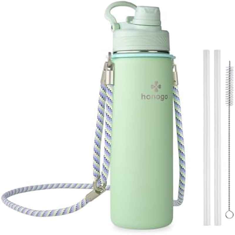 24 oz Insulated Water Bottle | Stainless Steel Tumbler with Shoulder Strap, 2-in-1 Straw Spout Lid, Fashion Flask for Women and, Keeps Cold 24H and Hot 12H, BPA Free, Light Green