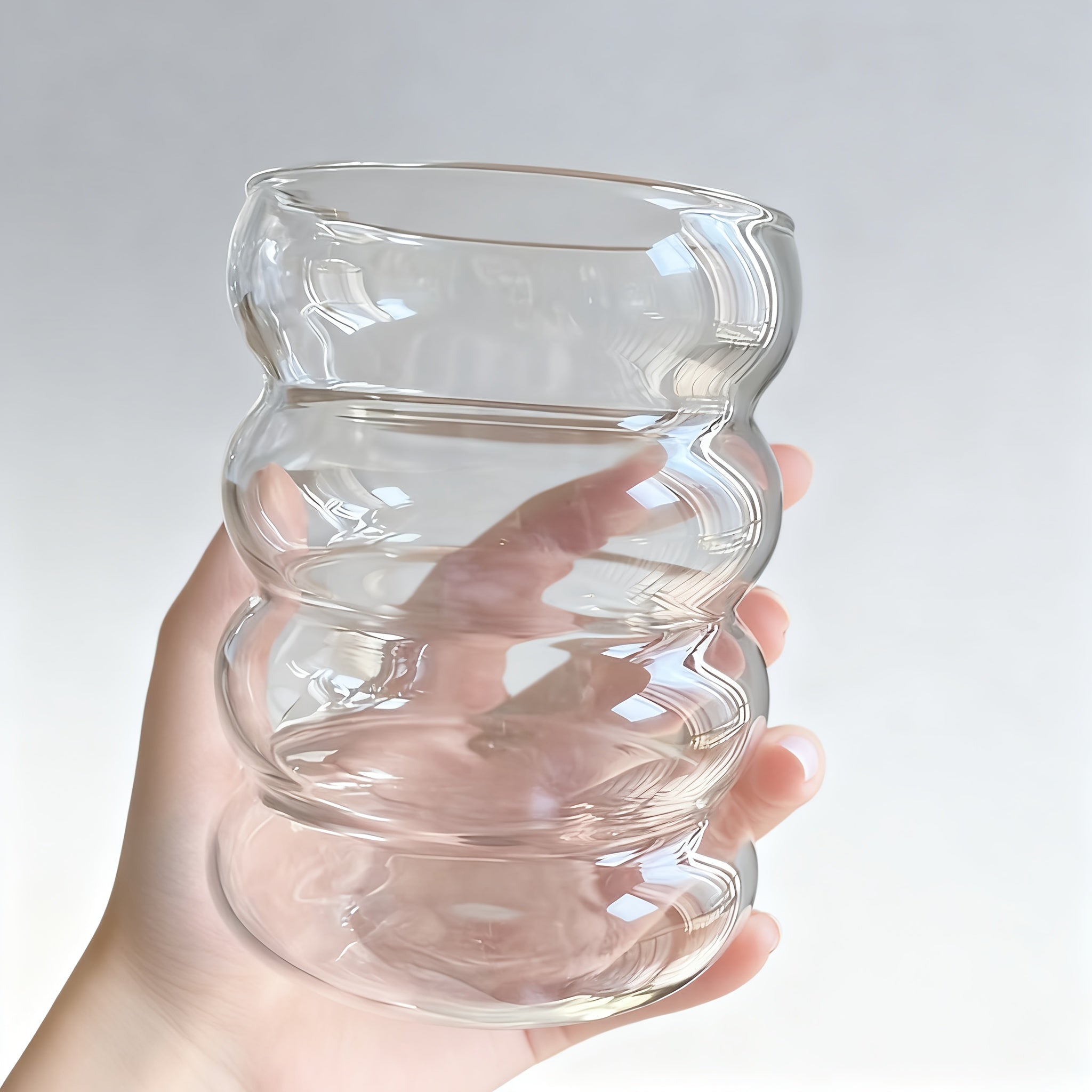 Set of 4 Unique Drinking Glasses Featuring Lids And Glass Straws, Transparent Cocktail Glassware, Wave-Shaped Bubble Cups, Charming Tumblers, Perfect for Iced Coffee, Water, Soda, Tea, And Beer, Great As a Gift - Includes a Cleaning Brush