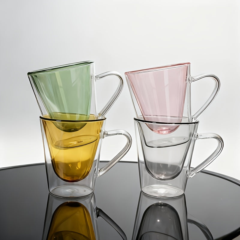 4pcs Set of Four-Color Glass Cups with Handles, Suitable for Sake, Liquor, Iced Coffee, Breakfast Milk, Juice, and Tea, High Borosilicate Glass, Easy to Distinguish for Home and Hospitality Use