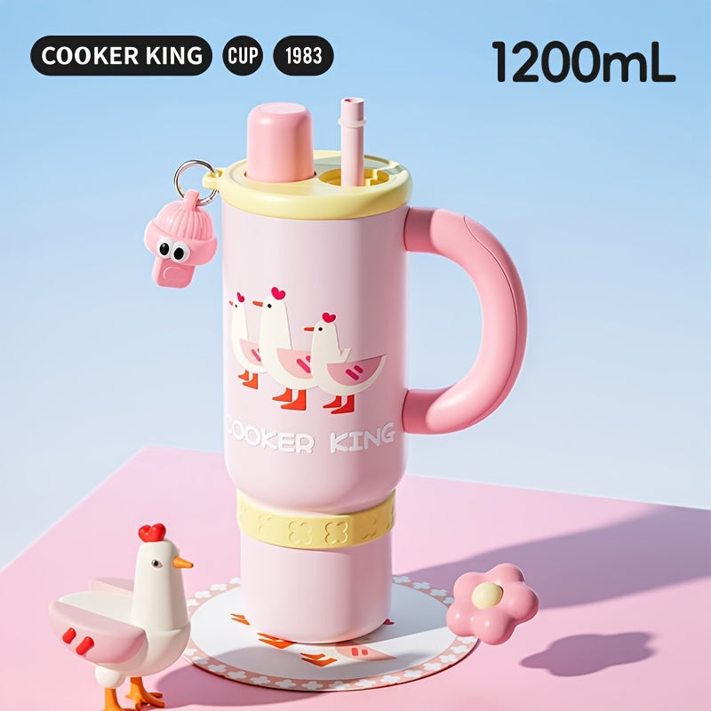 COOKER KING 1200Ml Insulated Cup Featuring a Handle & Straw, 40Oz 316 Stainless Steel Insulated Water Container, Dual Sip Leak-Resistant Travel Mug with Removable Tea Infuser, Adorable Cartoon Style