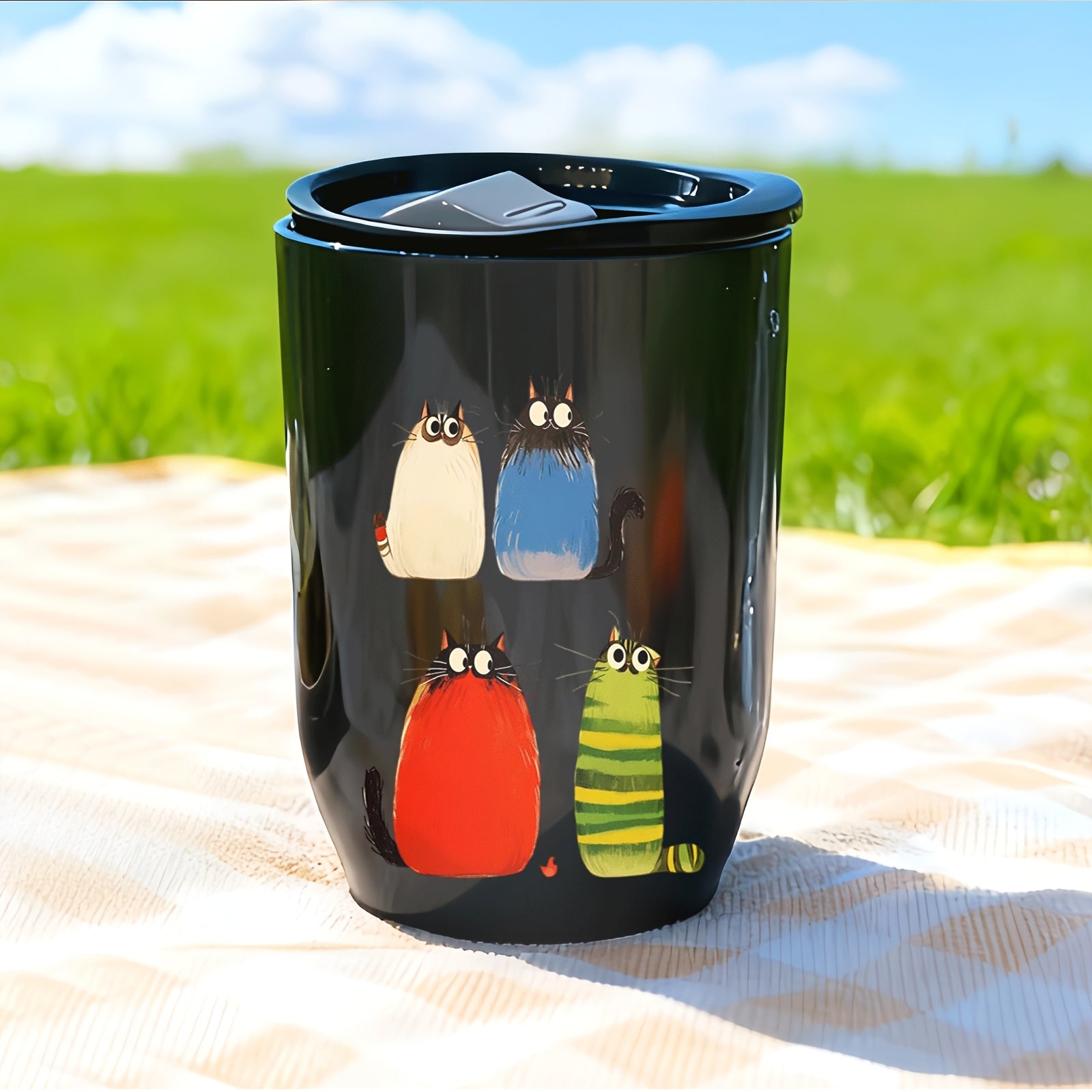 A Set of 1 Portable Water Cup, Coffee Cup, And Warm Water Cup, Featuring a Colorful Design of Four Cats on a Plastic Egg Shell Cup with a Lid, Leak-Proof, Suitable for Travel, Office, Gifts for Girlfriend, Boyfriend, Friends, Company Rewards
