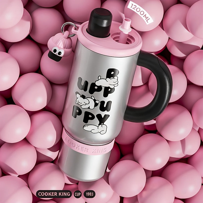 COOKER KING 1200Ml Insulated Cup Featuring a Handle & Straw, 40Oz 316 Stainless Steel Insulated Water Container, Dual Sip Leak-Resistant Travel Mug with Removable Tea Infuser, Adorable Cartoon Style