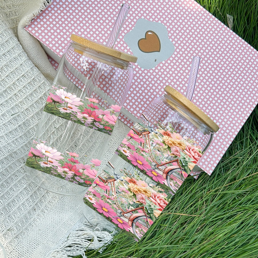 1pc, 16Oz Glass Cup Soda Can with Lid And Glass Straw, UV Printed Floral Design, Bicycle, Pink Pattern, Glass Coffee Cup Juice Drink Jar, Home Kitchen Party Tableware, Christmas Gift Thanksgiving Gift, Holiday Gift New Year Gift