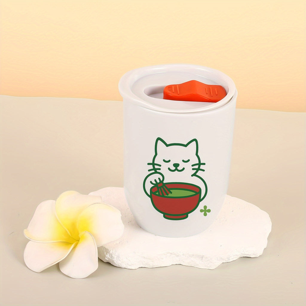 Single-Pack Water Cup, 12oz Plastic Eggshell Cup, White Cat Focused on Matcha Expression Water Cup, with Lid, Suitable for All Seasons, Plastic Material, Suitable for Office, Outdoor Sports, and Multiple Occasions, the Best Halloween and Christmas