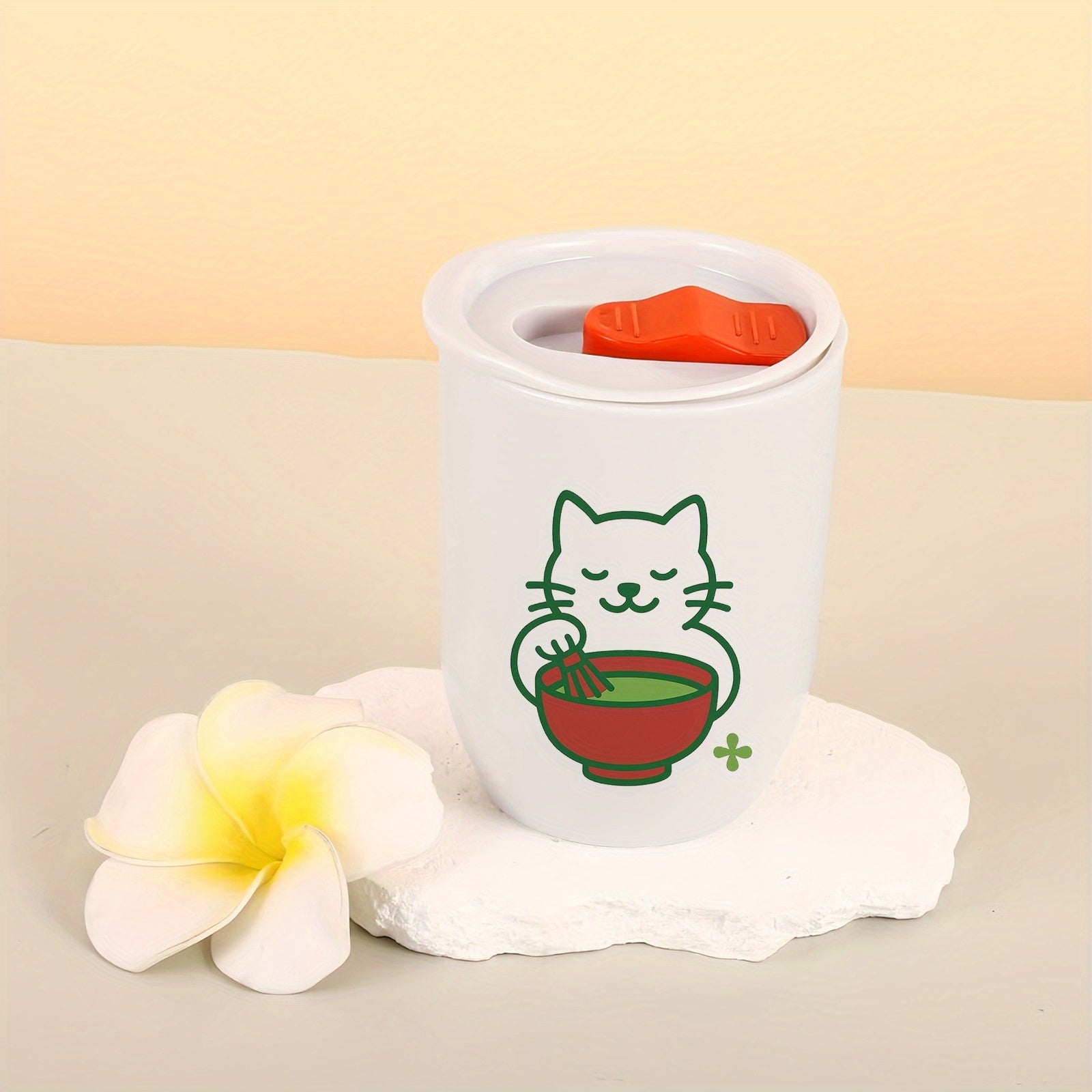 Single-Pack Water Cup, 12oz Plastic Eggshell Cup, White Cat Focused on Matcha Expression Water Cup, with Lid, Suitable for All Seasons, Plastic Material, Suitable for Office, Outdoor Sports, and Multiple Occasions, the Best Halloween and Christmas