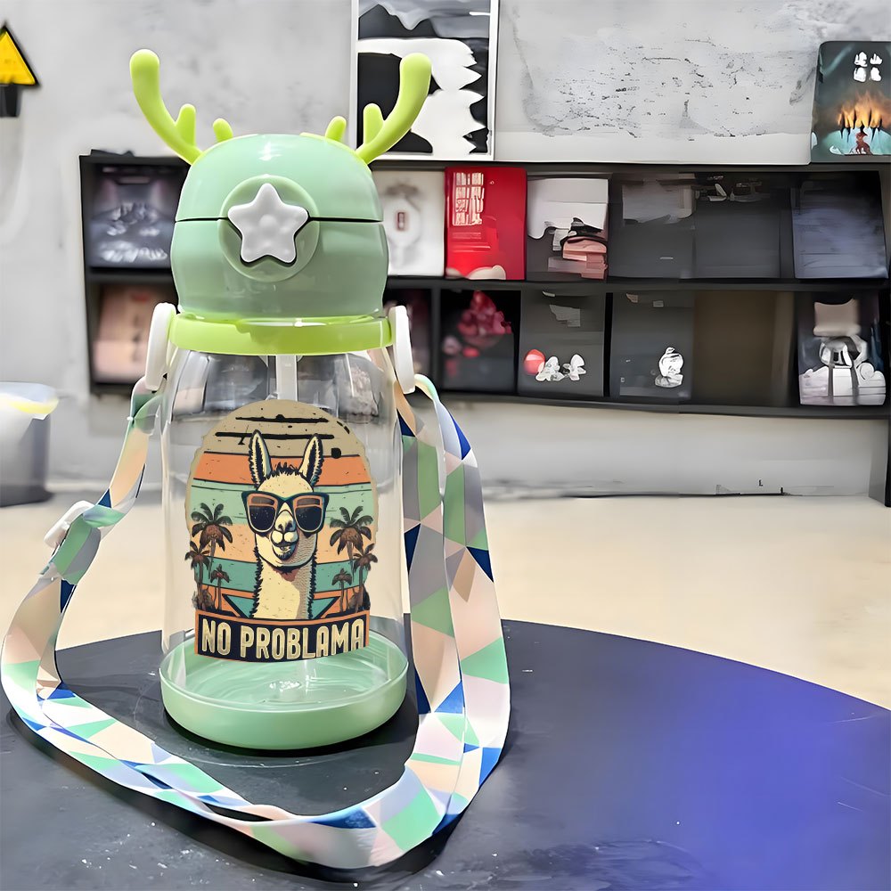 1pc, 20.29oz, Plastic Cup, Ostrich Pattern Wearing Fashion Glasses, Antler Water Cup, Plastic Bouncing Cup, Shoulder Strap, Water Bottle, Suitable for Outdoor, Sports, Fitness, Cycling Water Cup, Portable Straw Cup, Fruit Cup