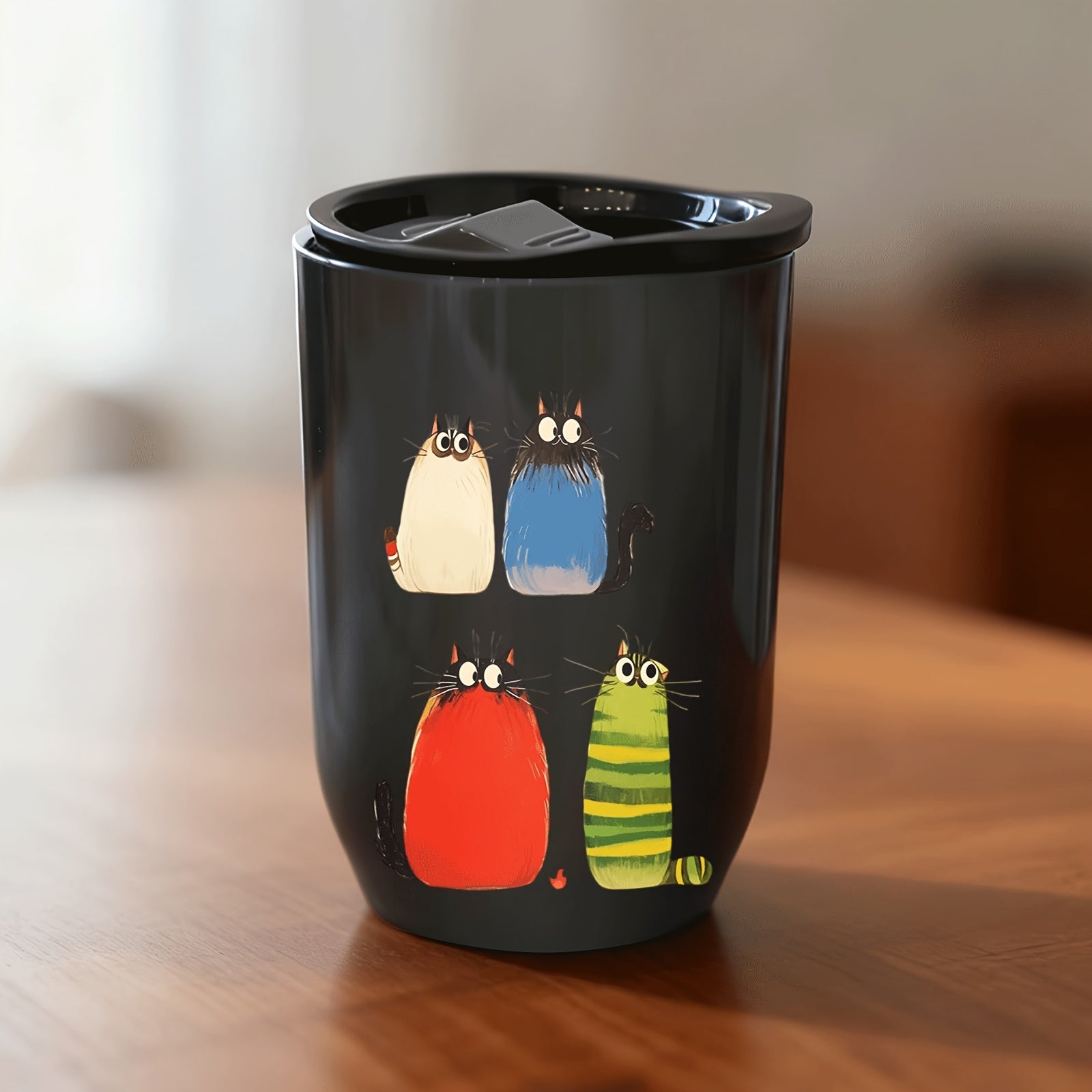 A Set of 1 Portable Water Cup, Coffee Cup, And Warm Water Cup, Featuring a Colorful Design of Four Cats on a Plastic Egg Shell Cup with a Lid, Leak-Proof, Suitable for Travel, Office, Gifts for Girlfriend, Boyfriend, Friends, Company Rewards
