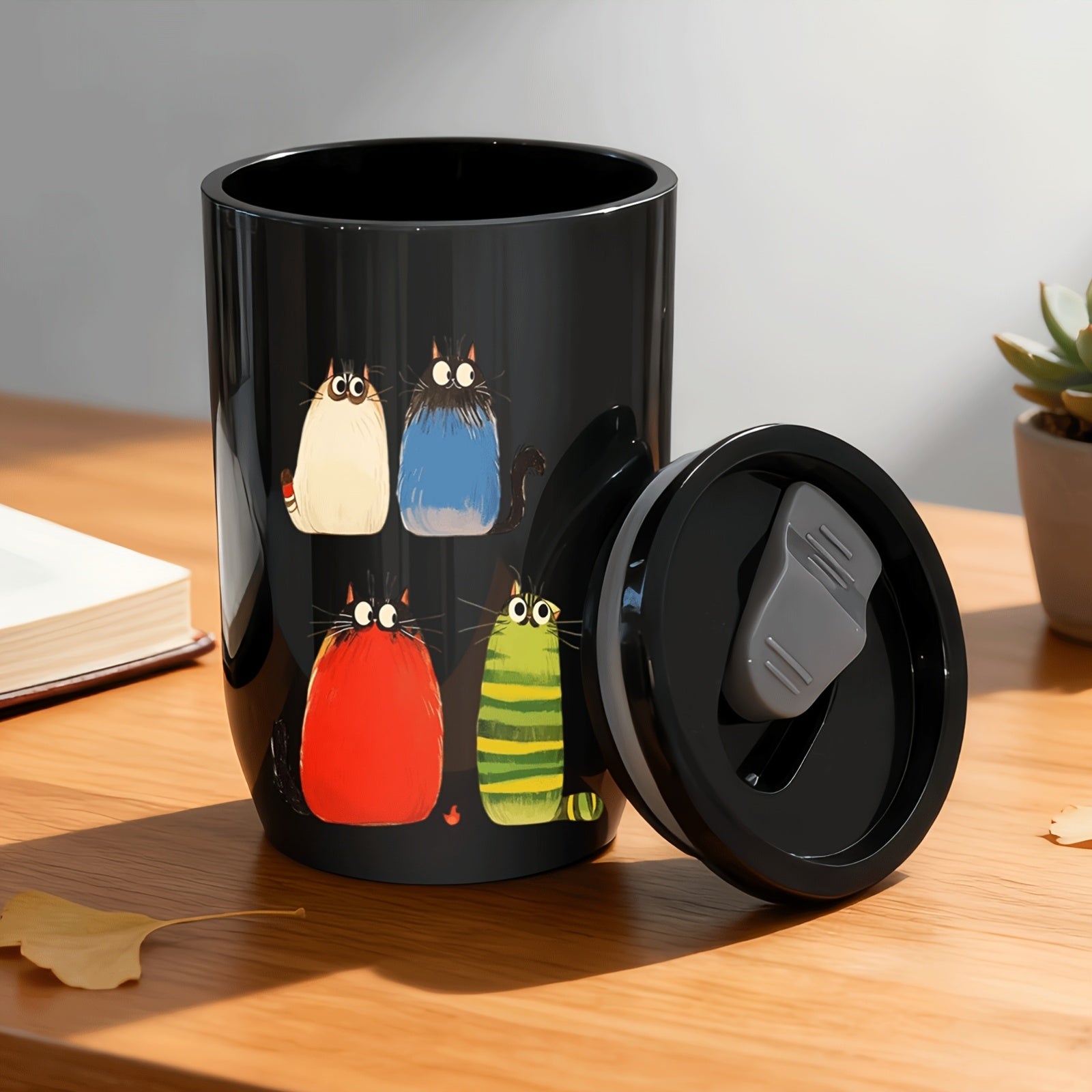 A Set of 1 Portable Water Cup, Coffee Cup, And Warm Water Cup, Featuring a Colorful Design of Four Cats on a Plastic Egg Shell Cup with a Lid, Leak-Proof, Suitable for Travel, Office, Gifts for Girlfriend, Boyfriend, Friends, Company Rewards