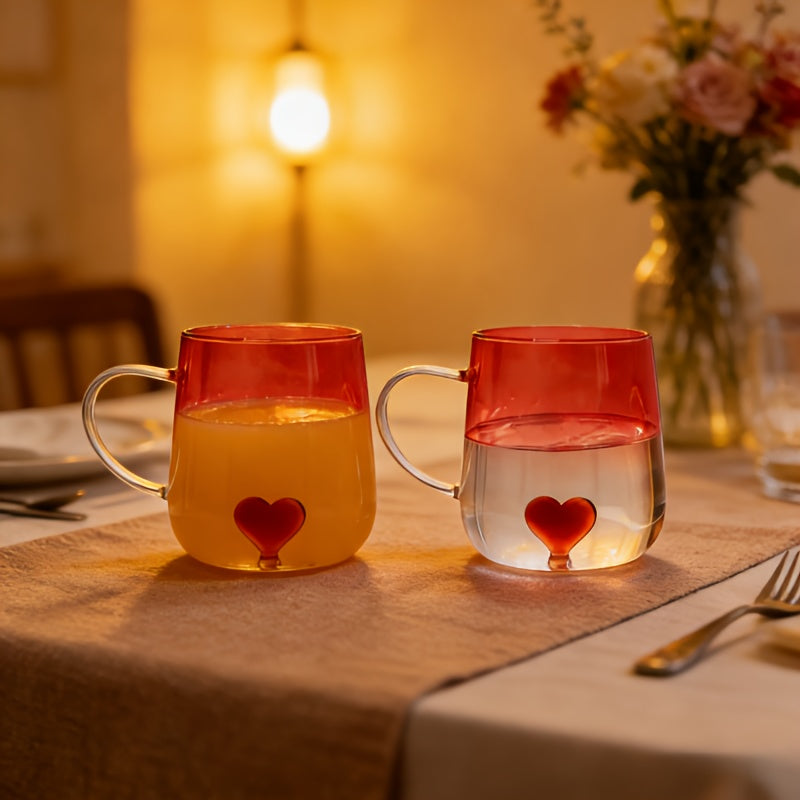 2pcs Red Gradient Mug Set with Rim & Built-In Heart Design - Suitable for Coffee, Juice, Milk, Sparkling Water Cups - Heat\u002FCold Resistant for Home, Restaurants, Bars - Valentine's Gift for, Daily Use (No Lip Contact)