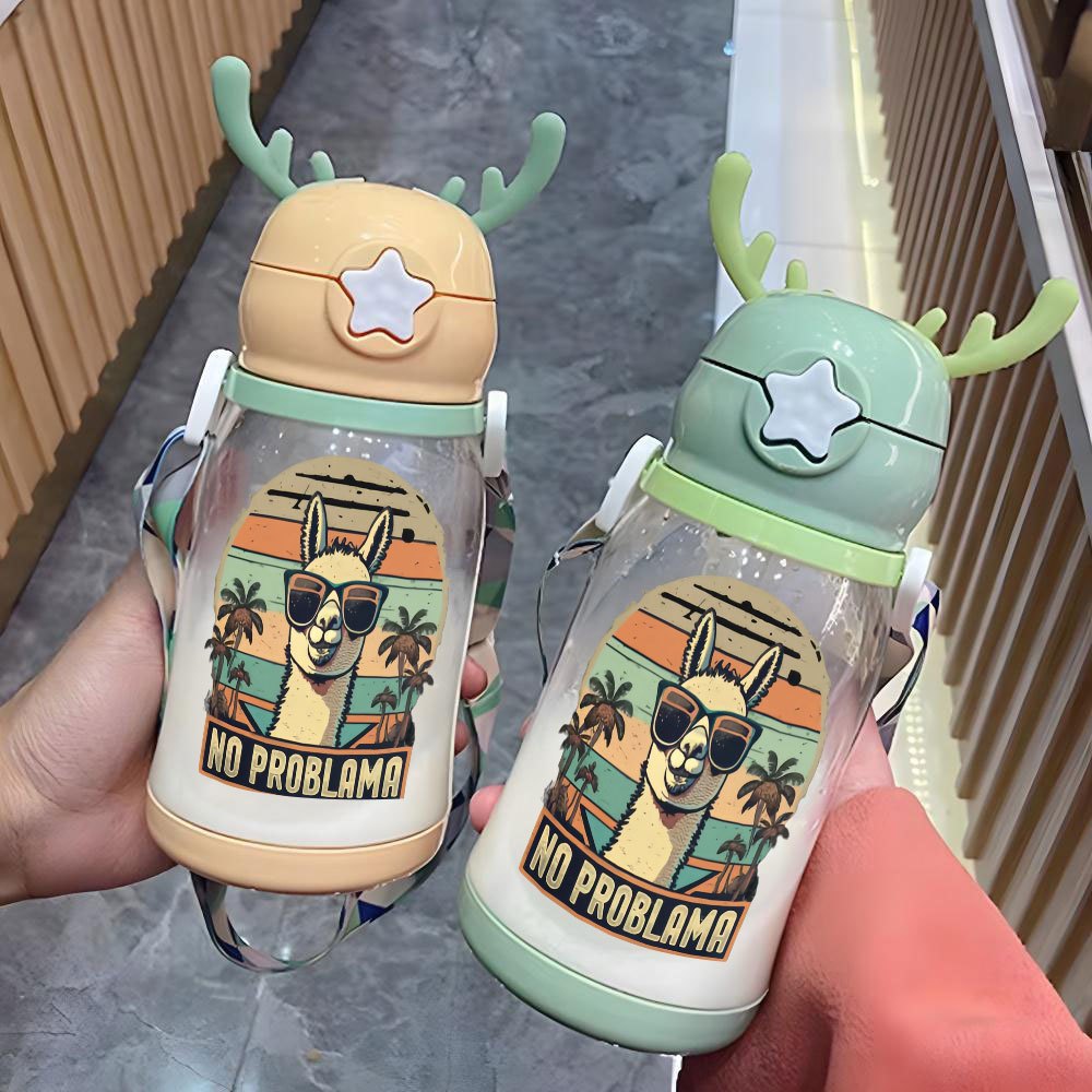 1pc, 20.29oz, Plastic Cup, Ostrich Pattern Wearing Fashion Glasses, Antler Water Cup, Plastic Bouncing Cup, Shoulder Strap, Water Bottle, Suitable for Outdoor, Sports, Fitness, Cycling Water Cup, Portable Straw Cup, Fruit Cup