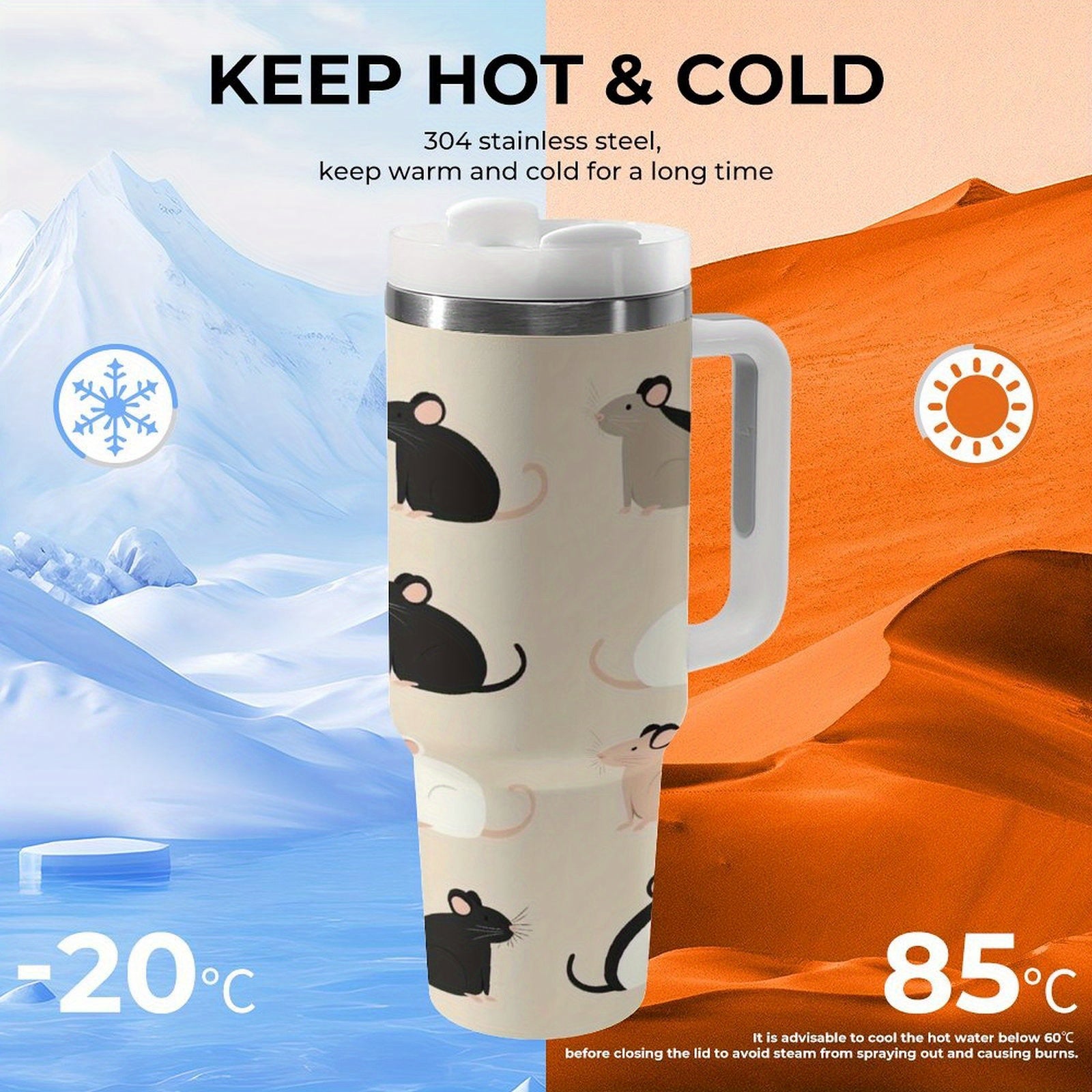 Rats And Mice Collection Themed 40oz Cup with Straw Stainless Steel Tumbler with Handle, Trendy High-quality Insulated Tumbler Water Bottle, 40oz Large Cup Mug Coffee Travel Mug Car Cup for Gift Home Car Outdoor Travel Fitness Gym Office