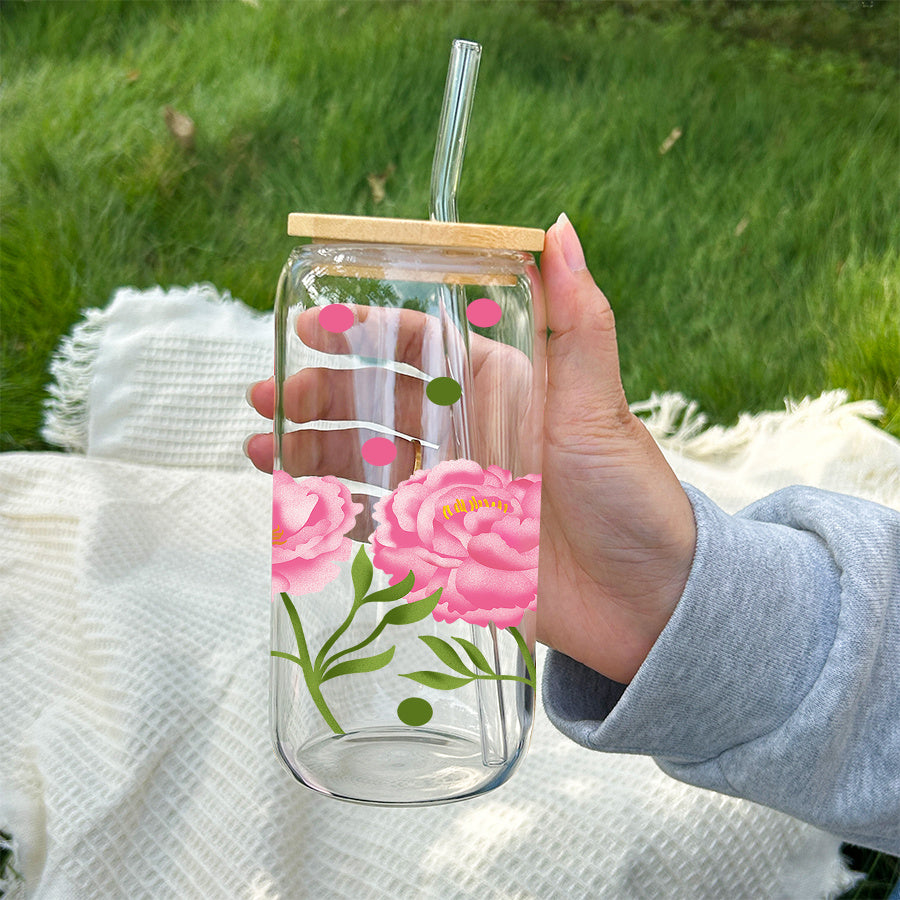 1pc, 16oz Glass Soda Can with Lid and Glass Straw, UV Printing, Pink Peony Flowers, Green Leaves, Colorful Polka Dot Pattern, Glass Coffee Cup Juice Drink Glass Jar, Home Kitchen Party Drinking Utensils, Christmas Gifts Thanksgiving Gifts
