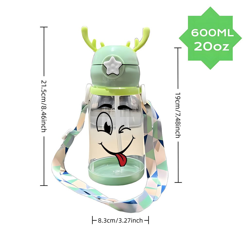 Christmas Thanksgiving 1pc, 20.29oz, Plastic Cup, Featuring a Playful Smiley Face Design, Antler Water Cup, Plastic Bouncing Cup, with Shoulder Strap, Water Bottle, Ideal for Outdoor Activities, Sports, Fitness, Cycling, Portable Straw Cup, Fruit Cup