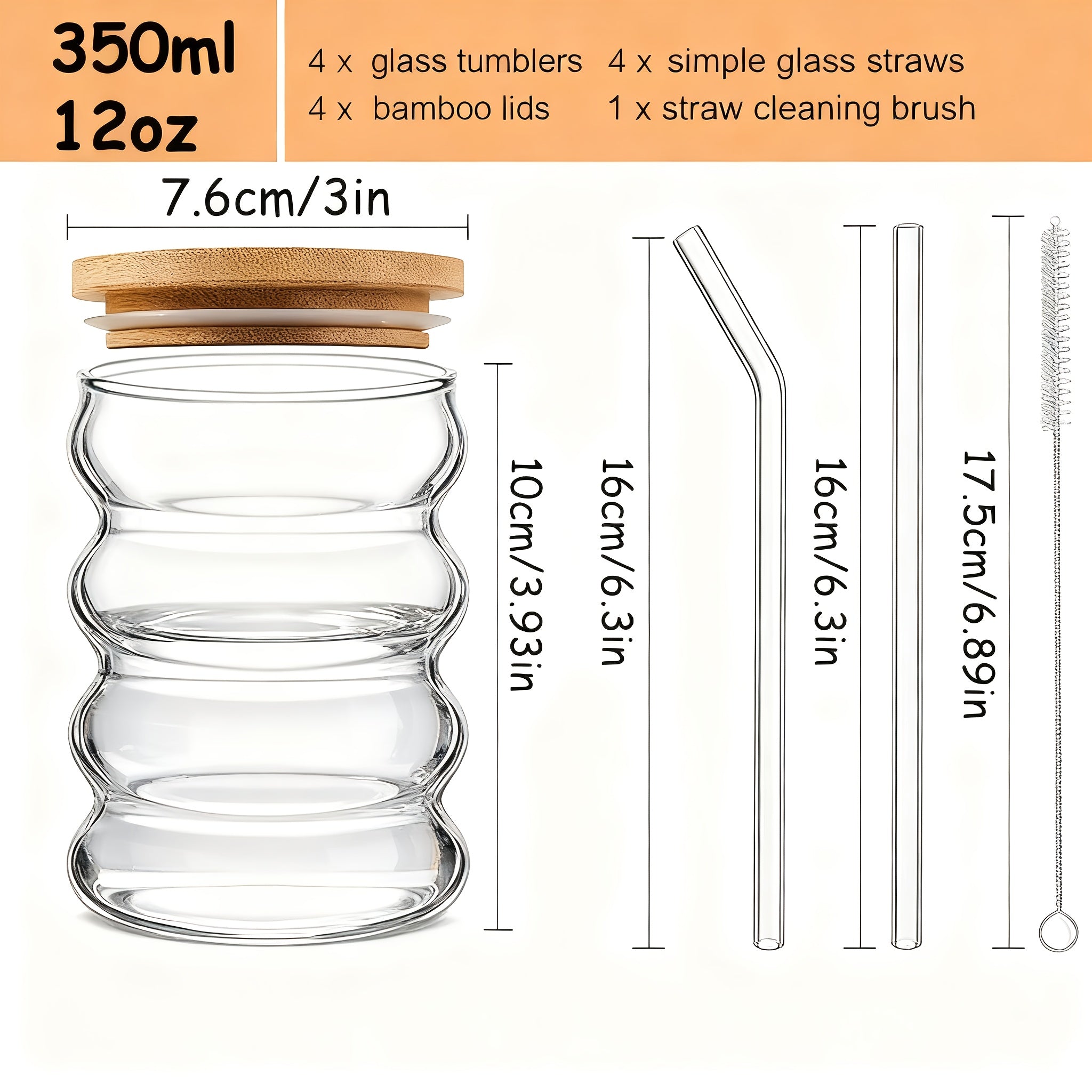 Set of 4 Unique Drinking Glasses Featuring Lids And Glass Straws, Transparent Cocktail Glassware, Wave-Shaped Bubble Cups, Charming Tumblers, Perfect for Iced Coffee, Water, Soda, Tea, And Beer, Great As a Gift - Includes a Cleaning Brush