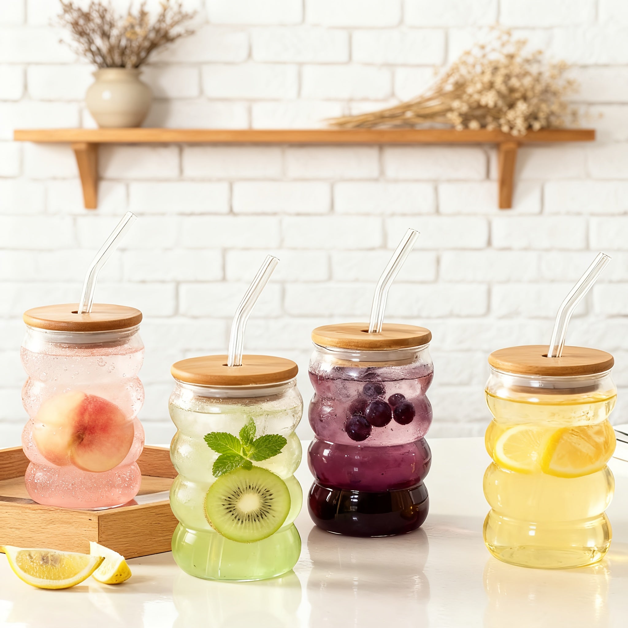 Set of 4 Unique Drinking Glasses Featuring Lids And Glass Straws, Transparent Cocktail Glassware, Wave-Shaped Bubble Cups, Charming Tumblers, Perfect for Iced Coffee, Water, Soda, Tea, And Beer, Great As a Gift - Includes a Cleaning Brush