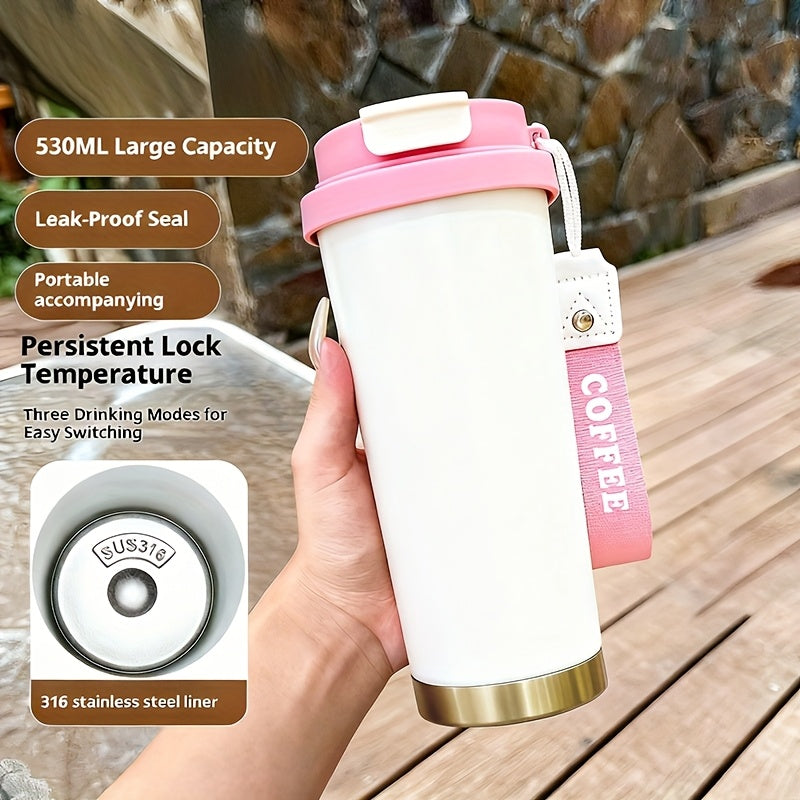 Portable Stainless Steel Coffee Mug, Keeps Hot Or Cold, 18Oz Capacity with And Straw, Suitable for Men And Women As A Handheld Water Bottle, Suitable for Gift Giving, Multifunctional, Durable, Unique