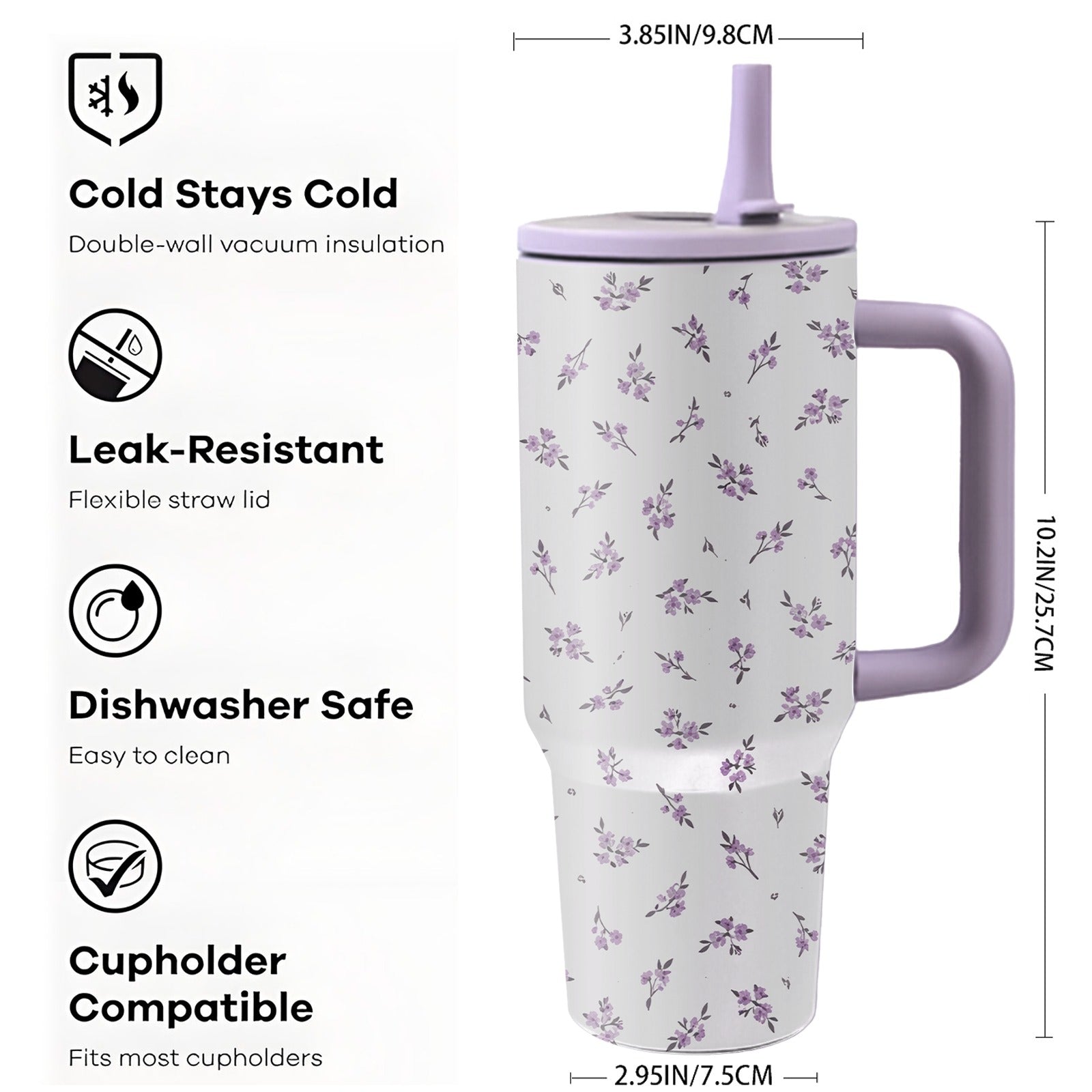 A 40-Ounce Stainless Steel Cup with a Handle And Flip-Top Straw Design, Featuring a Floral Pattern. It Fits Most Cup Holders, Has a Splash-Proof Structure, a Non-Slip Base, And Is Double-Walled for Both Hot And Cold Use. Reusable