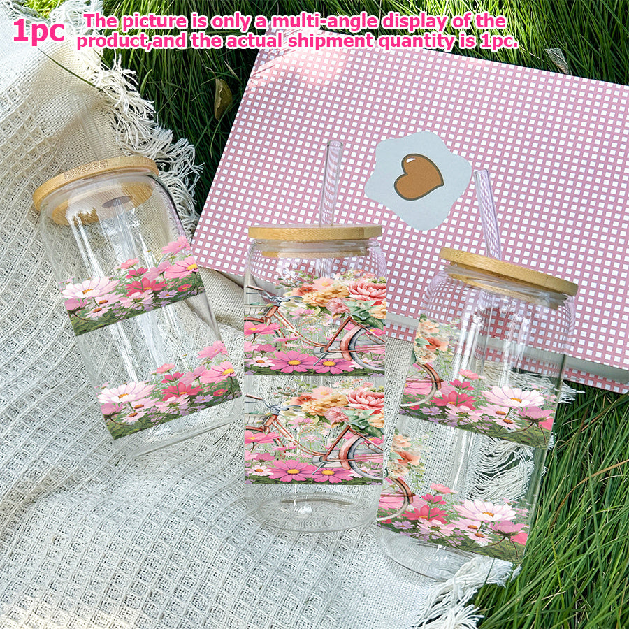 1pc, 16Oz Glass Cup Soda Can with Lid And Glass Straw, UV Printed Floral Design, Bicycle, Pink Pattern, Glass Coffee Cup Juice Drink Jar, Home Kitchen Party Tableware, Christmas Gift Thanksgiving Gift, Holiday Gift New Year Gift